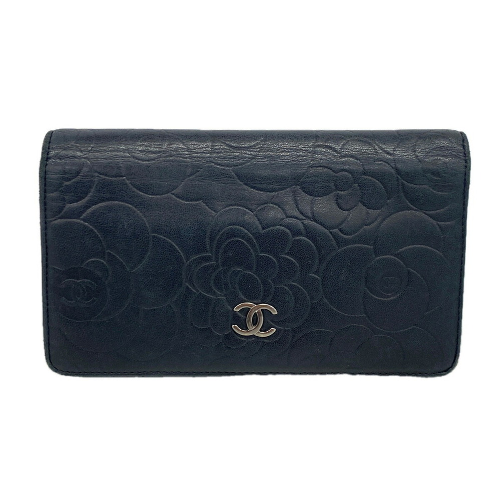 Chanel long wallet, Camellia design, lambskin, black, women's.